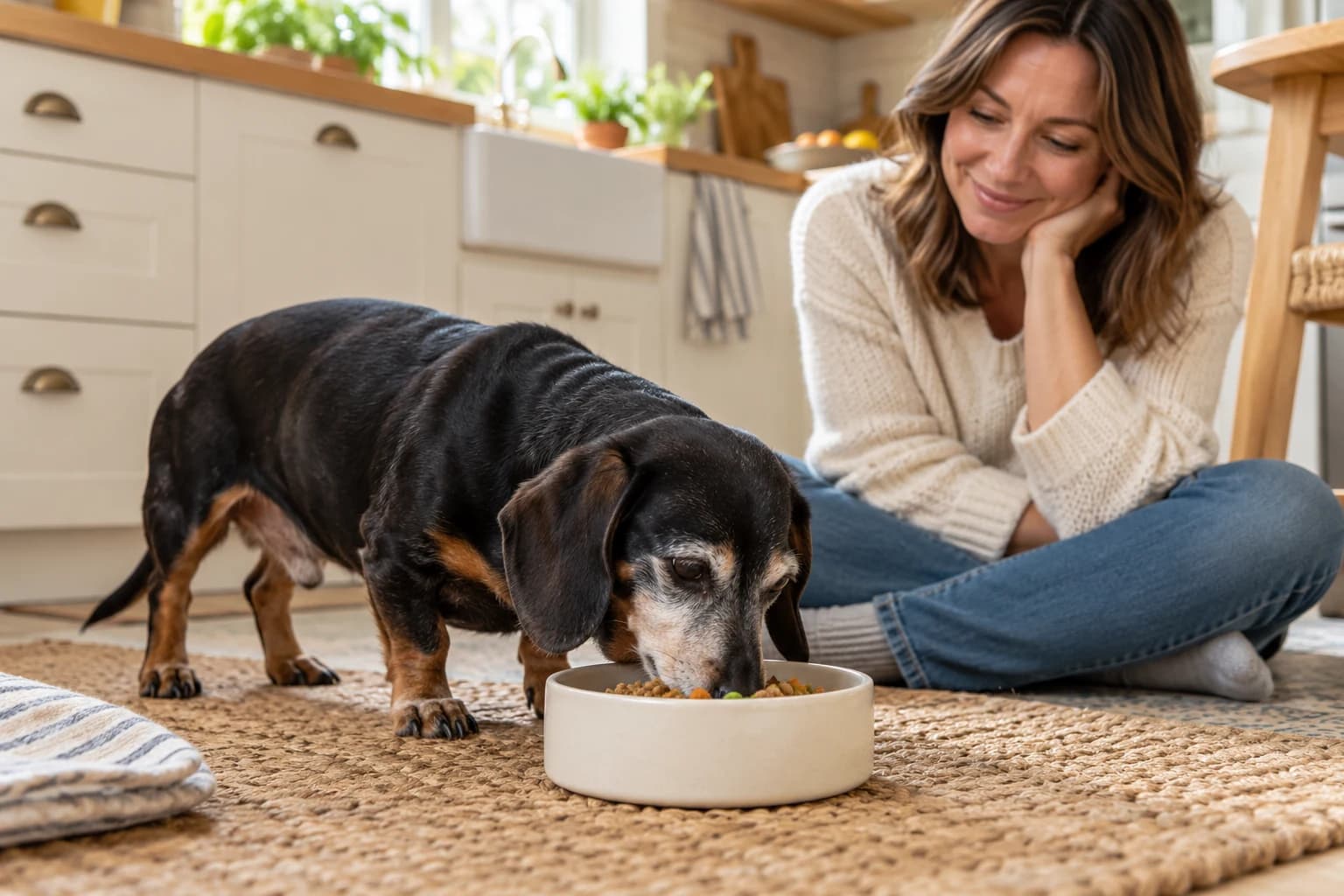A senior dachshund eats from a ceramic bowl on a woven kitchen mat while its caregiver watches nearby.