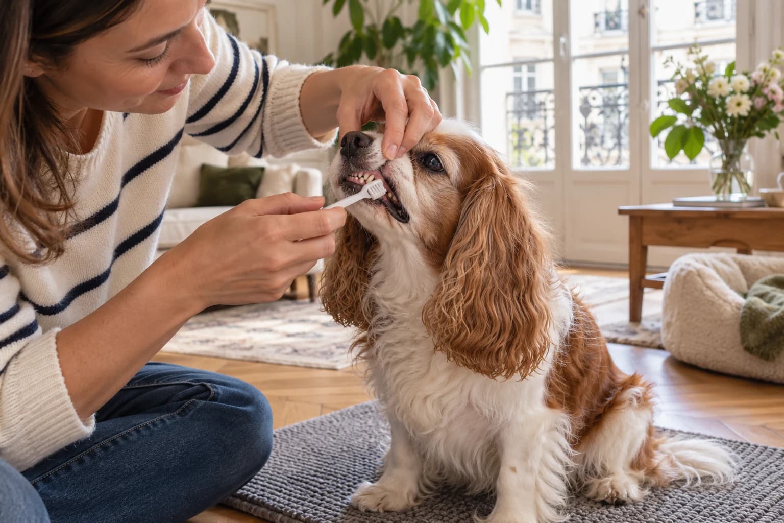 Un cavalier king charles âgé accepte un contact doux près de la lèvre pendant que sa propriétaire présente une petite brosse à dents.