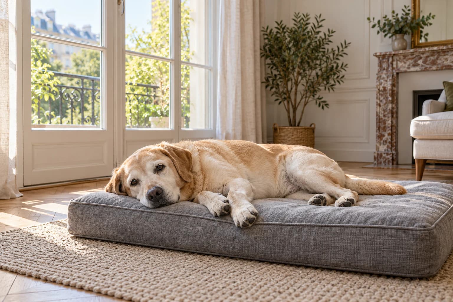 Un chien âgé repose sur un matelas bas à housse grise, posé sur un tapis stable près d’une fenêtre.