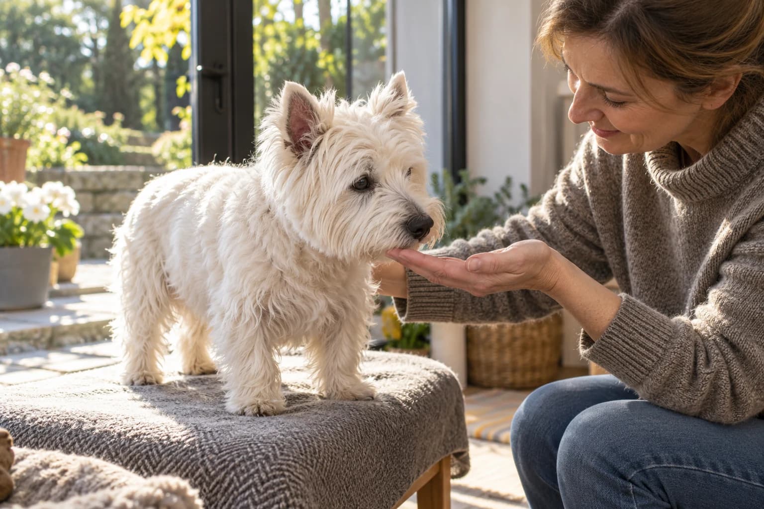 Un westie âgé se tient sur une banquette basse près du jardin tandis que sa propriétaire approche doucement sa main du museau.