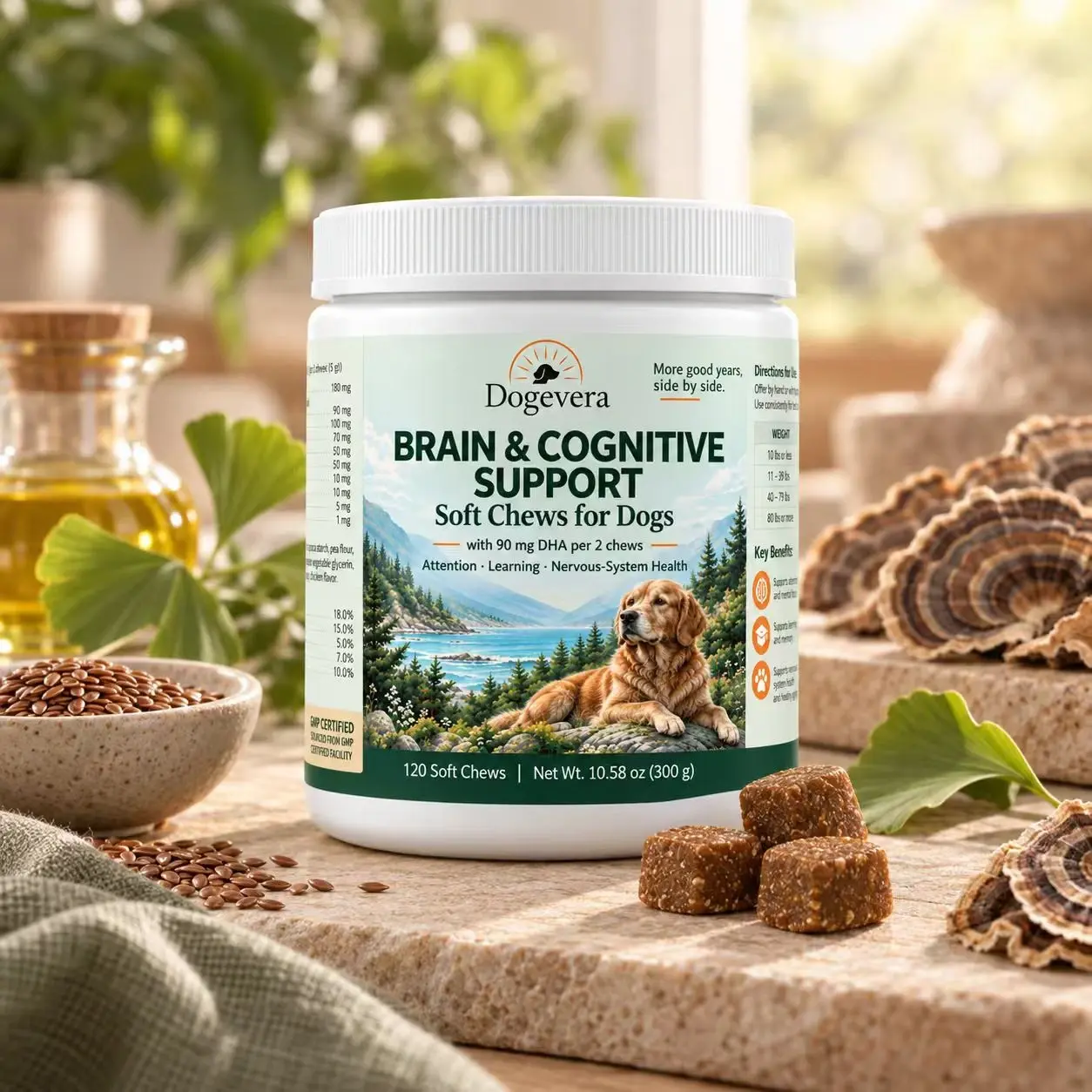 Dogevera Brain & Cognitive Support soft chews with oil, seeds and turkey tail mushroom on a stone table