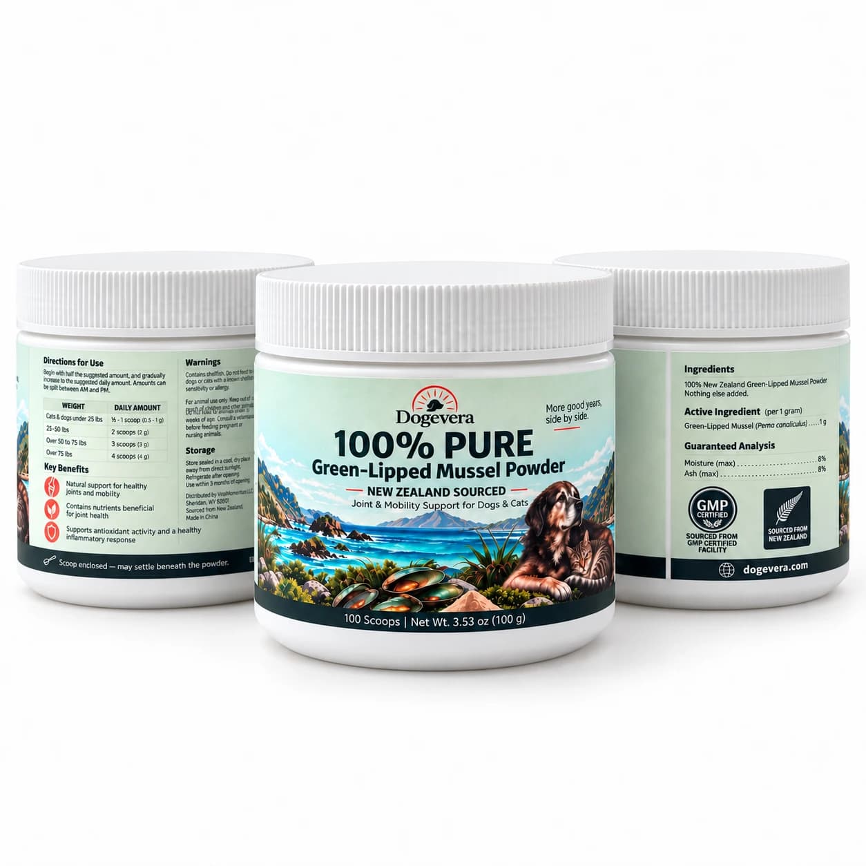 Dogevera 100% pure New Zealand green-lipped mussel powder jars delivering maximum active joint nutrients per gram