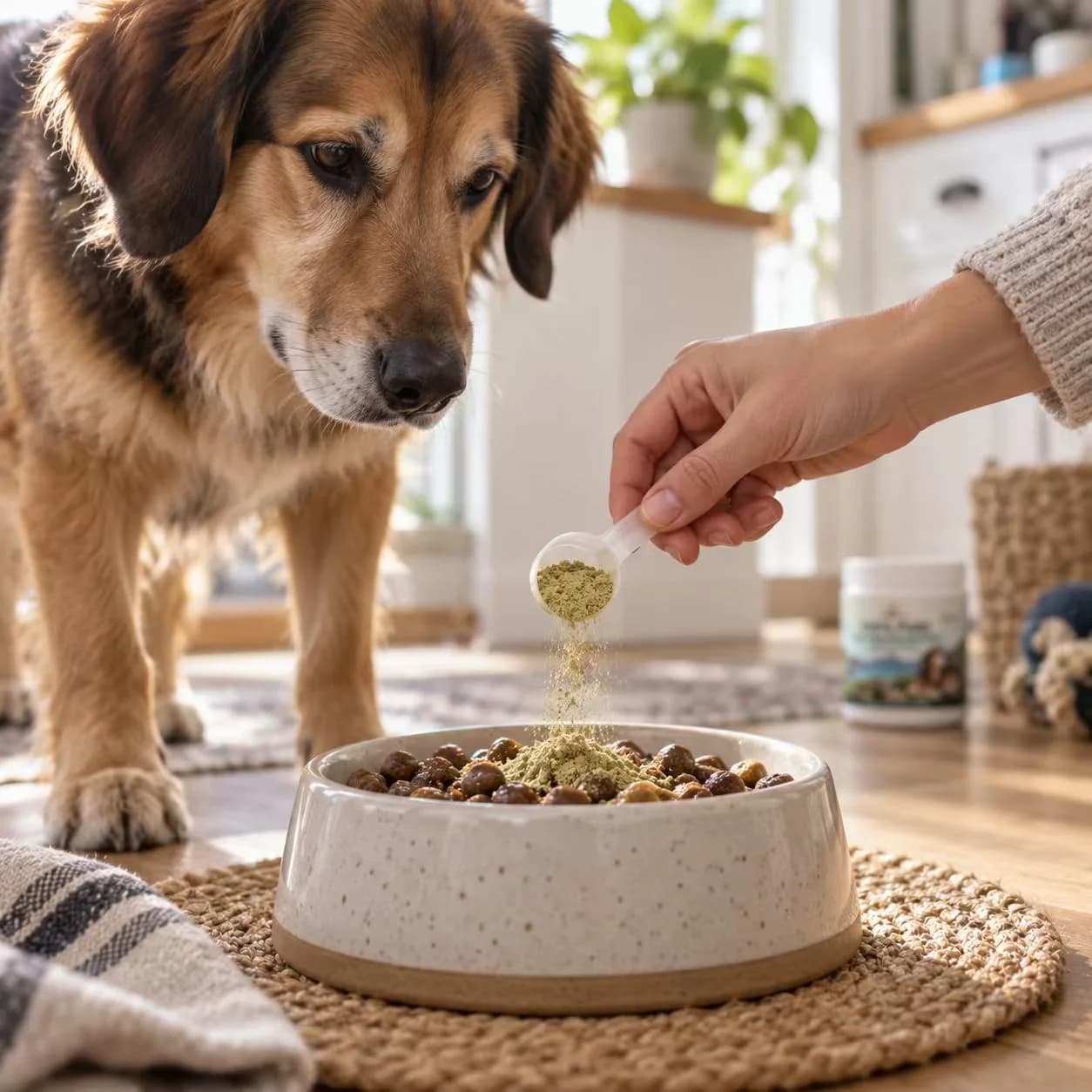 Dogevera daily nutrition ritual — measuring pure green-lipped mussel powder for a senior dog's meal
