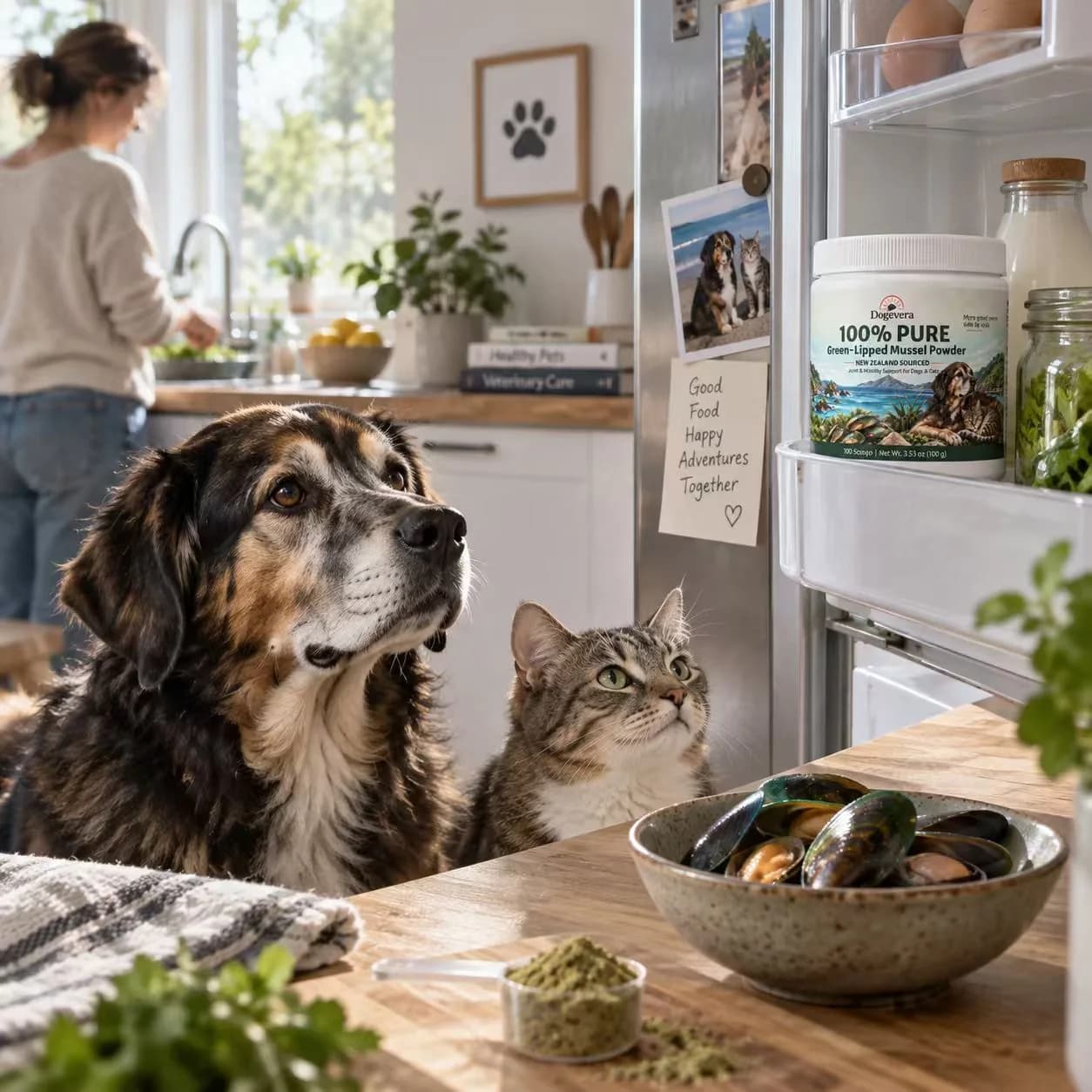 Dogevera family companions — senior dog and companion resting together in the kitchen near daily wellness supplements