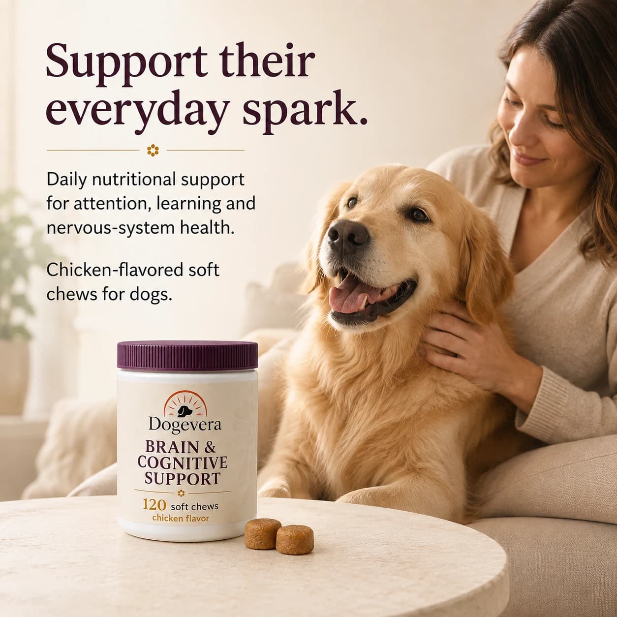 Support their everyday spark. Daily nutritional support for attention, learning and nervous-system health. Chicken-flavored soft chews for dogs.