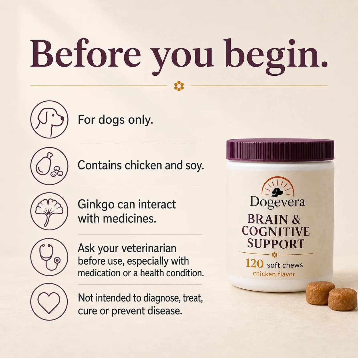 Before you begin. For dogs only. Contains chicken and soy. Ginkgo can interact with medicines. Ask your veterinarian before use, especially with medication or a health condition. Not intended to diagnose, treat, cure or prevent disease.