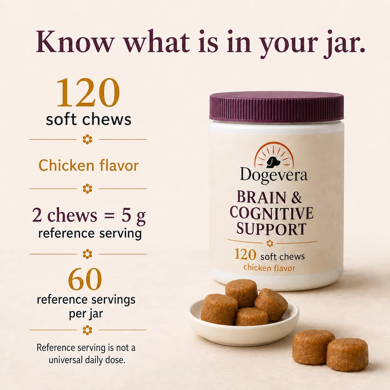 Know what is in your jar. 120 soft chews Chicken flavor 2 chews = 5 g reference serving 60 reference servings per jar Reference serving is not a universal daily dose.