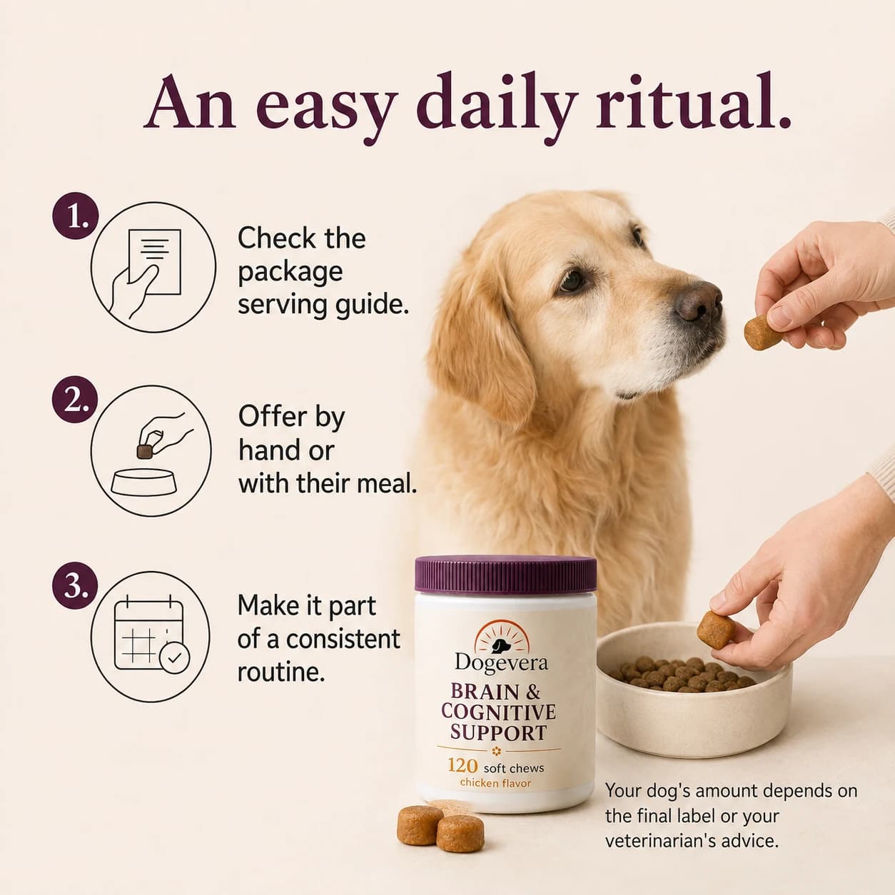 An easy daily ritual. 1. Check the package serving guide. 2. Offer by hand or with their meal. 3. Make it part of a consistent routine. Your dog's amount depends on the final label or your veterinarian's advice.