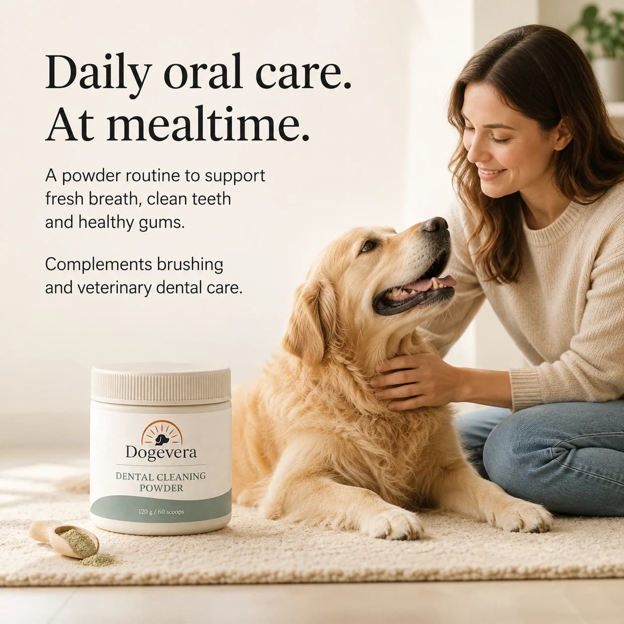 Daily oral care. At mealtime. A powder routine to support fresh breath, clean teeth and healthy gums. Complements brushing and veterinary dental care.