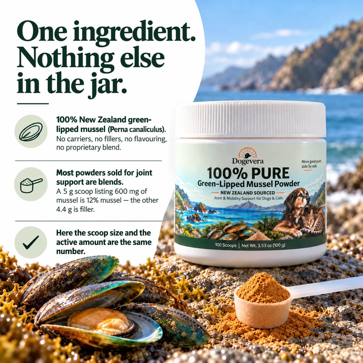 Dogevera single-ingredient purity — 100% New Zealand green-lipped mussel (Perna canaliculus) with zero fillers or binders