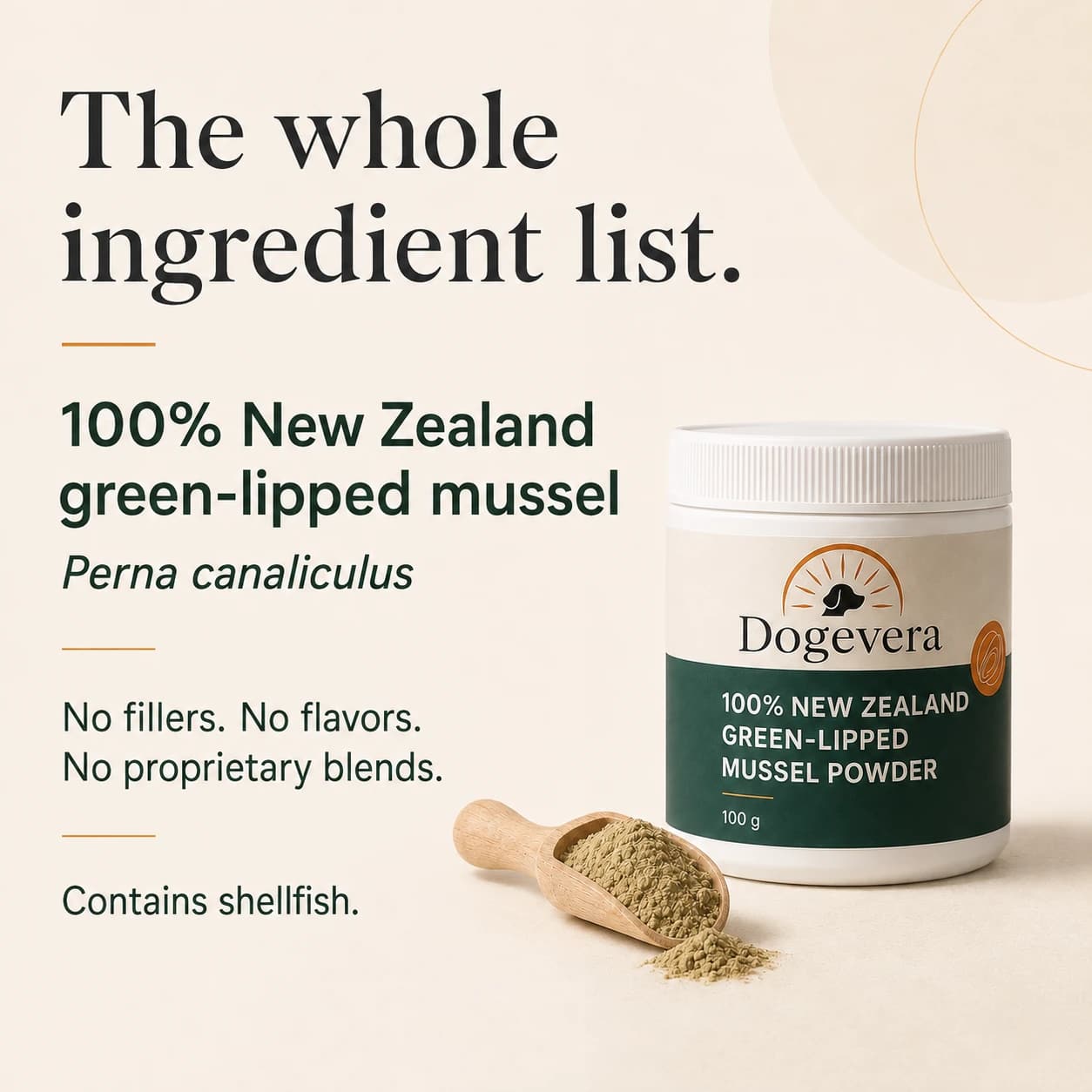 The whole ingredient list. 100% New Zealand green-lipped mussel Perna canaliculus No fillers. No flavors. No proprietary blends. Contains shellfish.