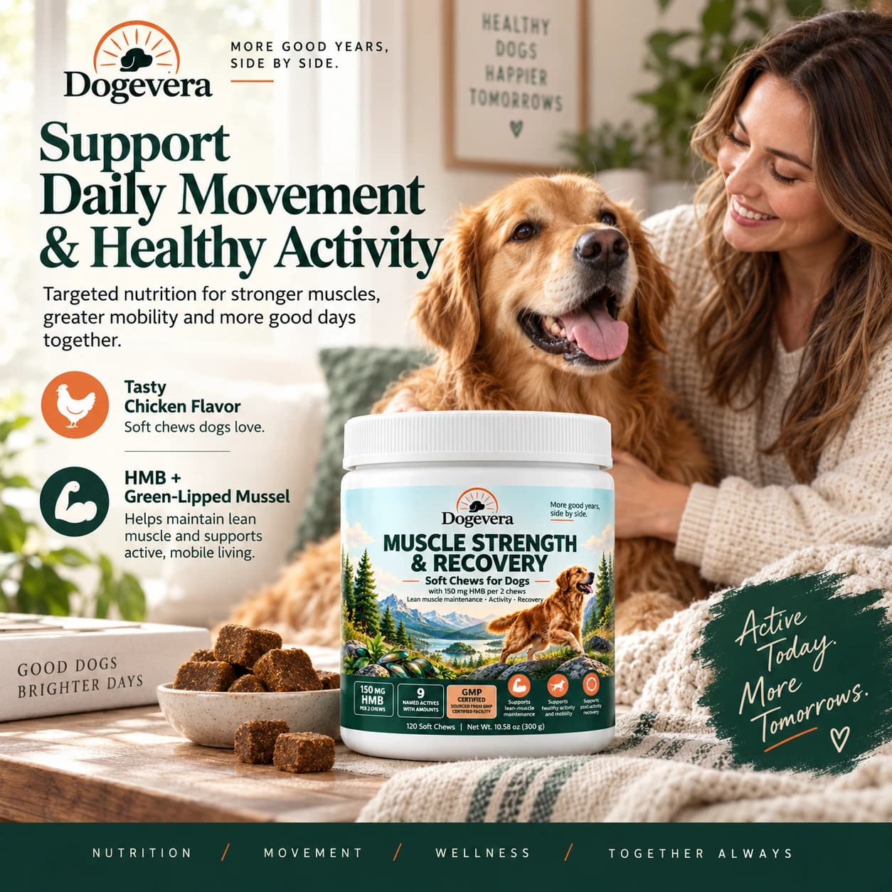 Dogevera muscle support routine — supporting daily movement, hind leg strength, and active play with HMB and amino acids