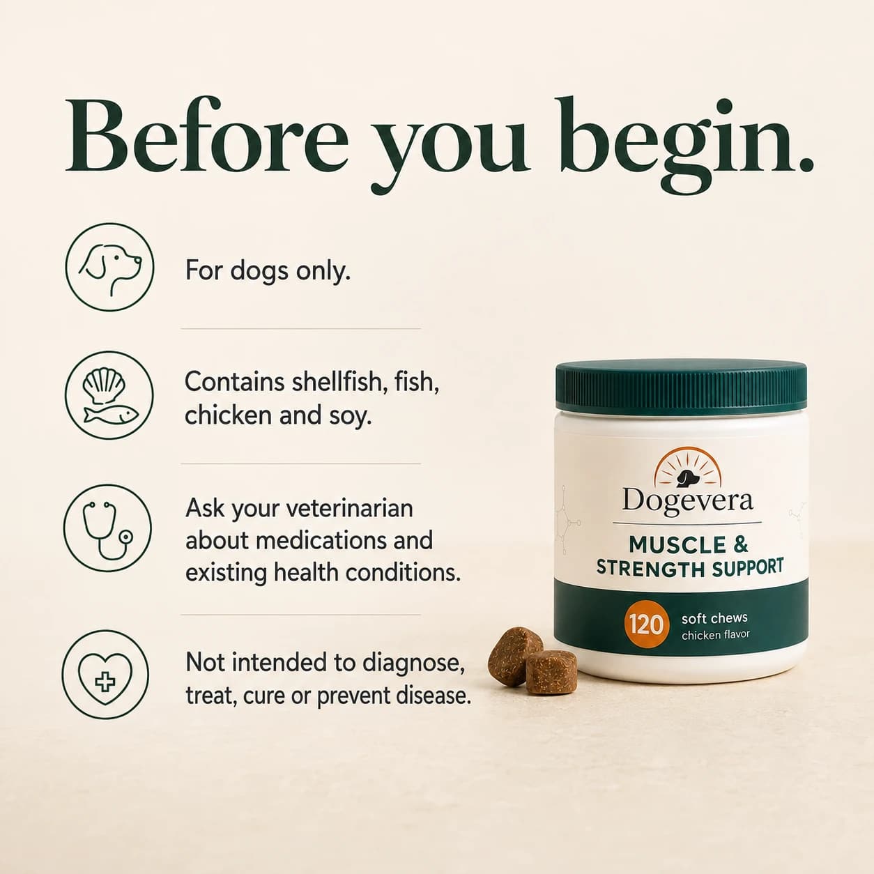 Before you begin. For dogs only. Contains shellfish, fish, chicken and soy. Ask your veterinarian about medications and existing health conditions. Not intended to diagnose, treat, cure or prevent disease.