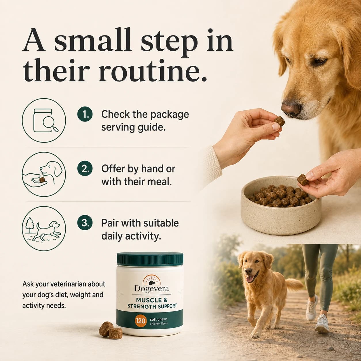 A small step in their routine. 1. Check the package serving guide. 2. Offer by hand or with their meal. 3. Pair with suitable daily activity. Ask your veterinarian about your dog's diet, weight and activity needs.
