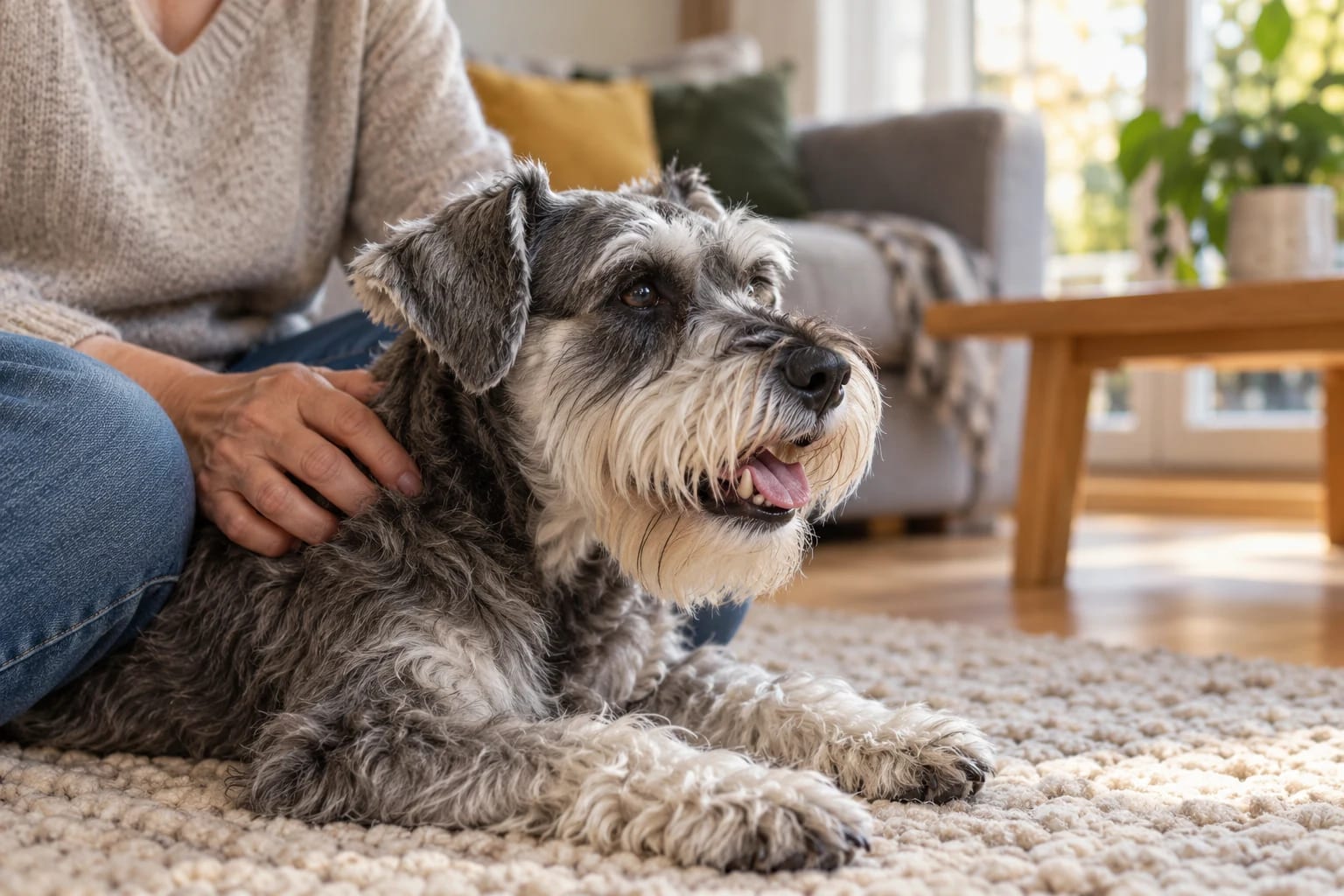 Ein älterer grauer Zwergschnauzer liegt entspannt neben seiner Bezugsperson; sein Maul ist beim ruhigen Hecheln leicht geöffnet.