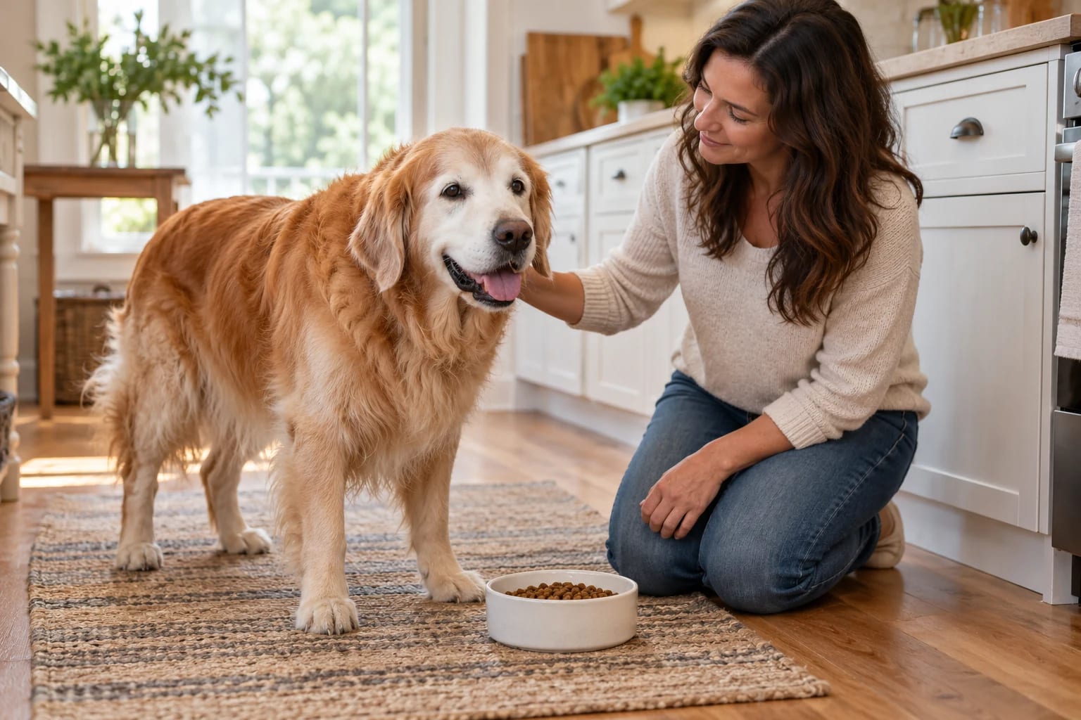 Ein älterer Golden Retriever steht auf einer rutschfesten Küchenmatte neben seinem Futternapf und seiner Bezugsperson.