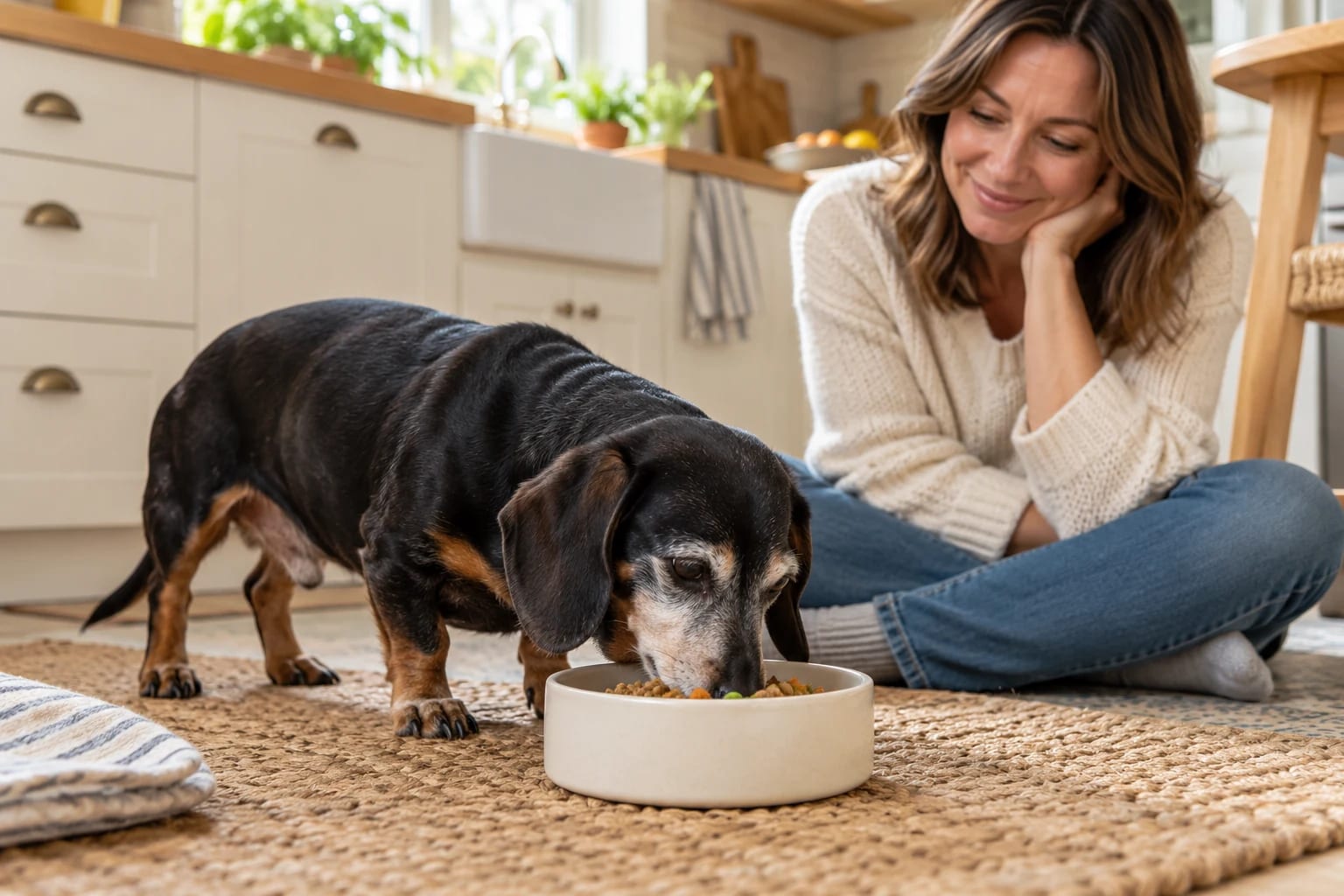 A senior dachshund eats from a ceramic bowl on a woven kitchen mat while its caregiver watches nearby.