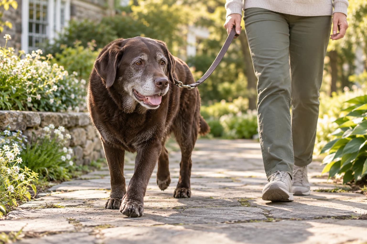 Un labrador anziano cammina con la proprietaria su un sentiero piano del giardino, con un’andatura tranquilla.