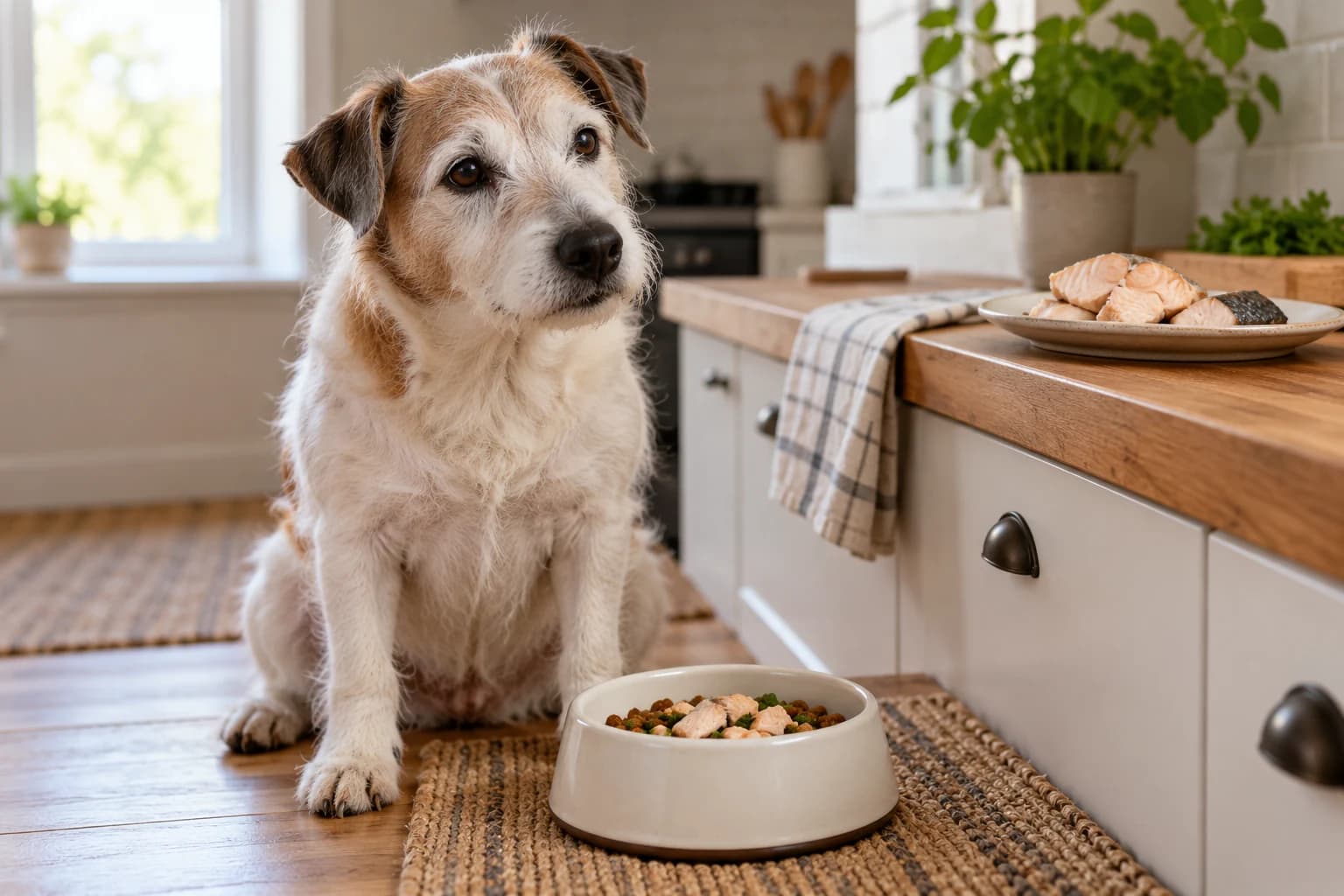 Un terrier anziano è seduto accanto alla ciotola in cucina; sul piano si vede un piatto di pesce cotto senza confezioni.