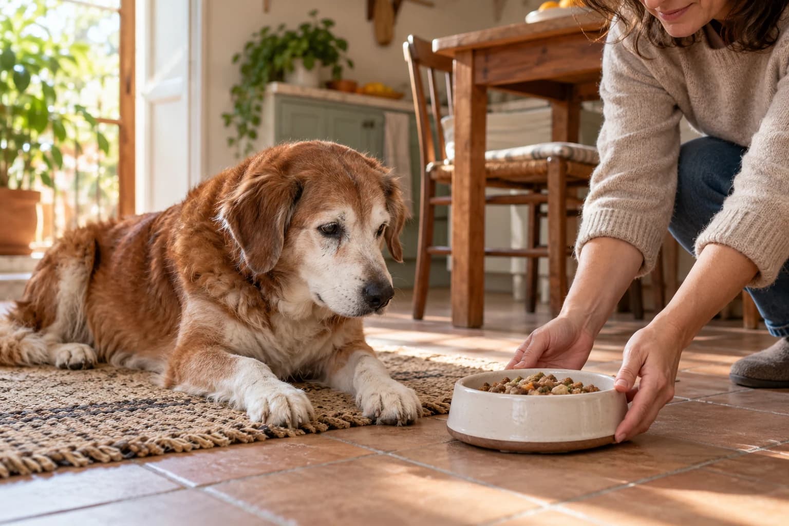 Un cane anziano riposa su un tappeto della cucina mentre la proprietaria prepara la sua ciotola abituale.