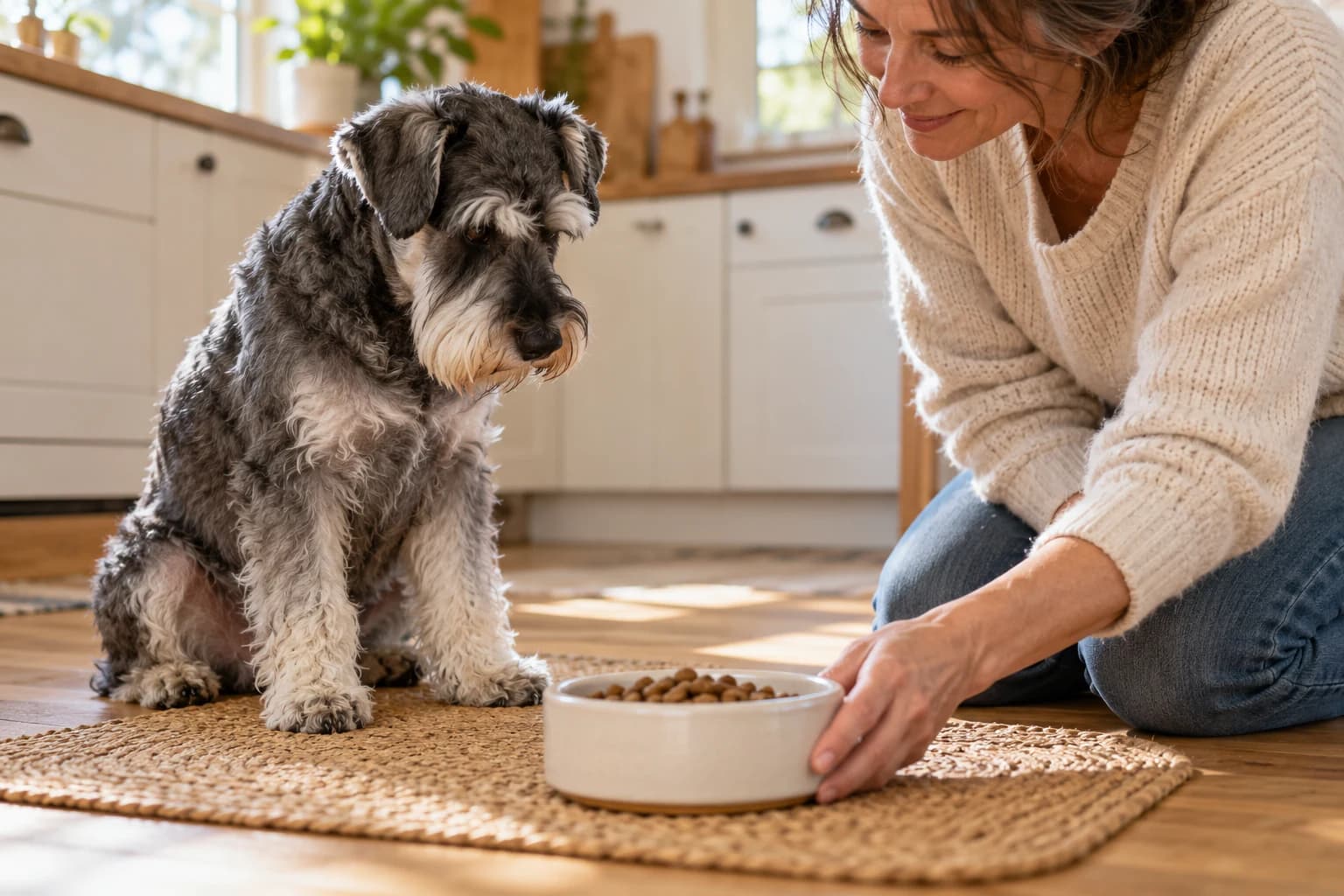 Uno schnauzer anziano osserva la proprietaria mentre posa una ciotola di cibo sul tappeto della cucina.