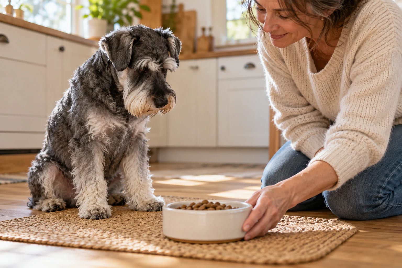 Uno schnauzer anziano osserva la proprietaria mentre posa una ciotola di cibo sul tappeto della cucina.