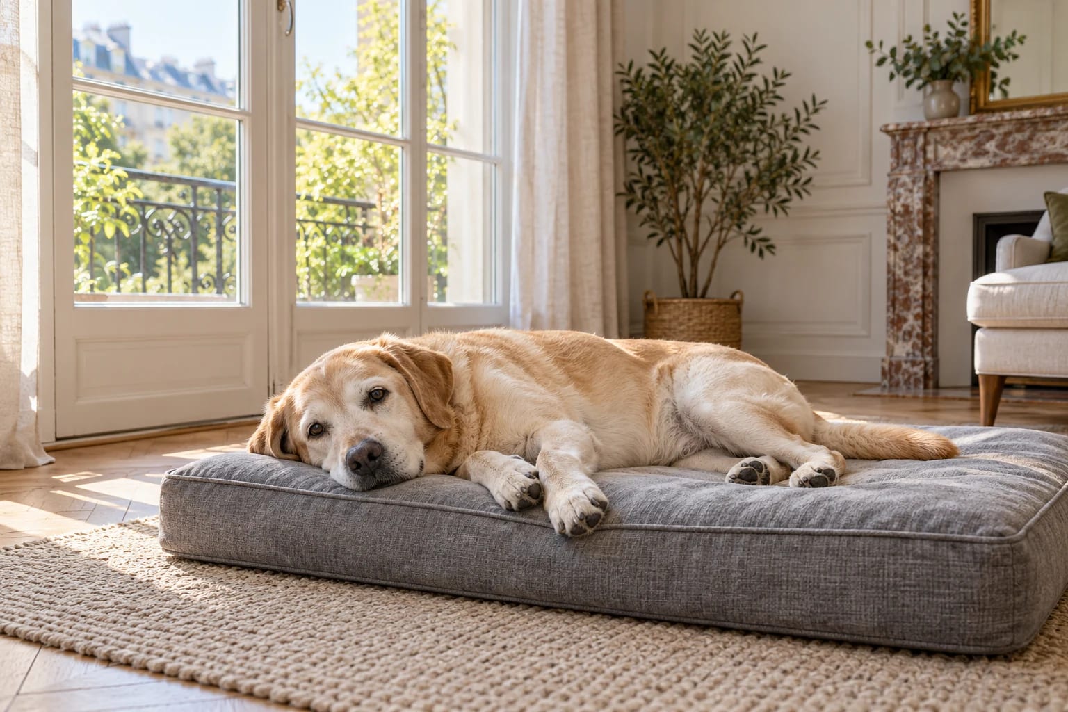 Un chien âgé repose sur un matelas bas à housse grise, posé sur un tapis stable près d’une fenêtre.