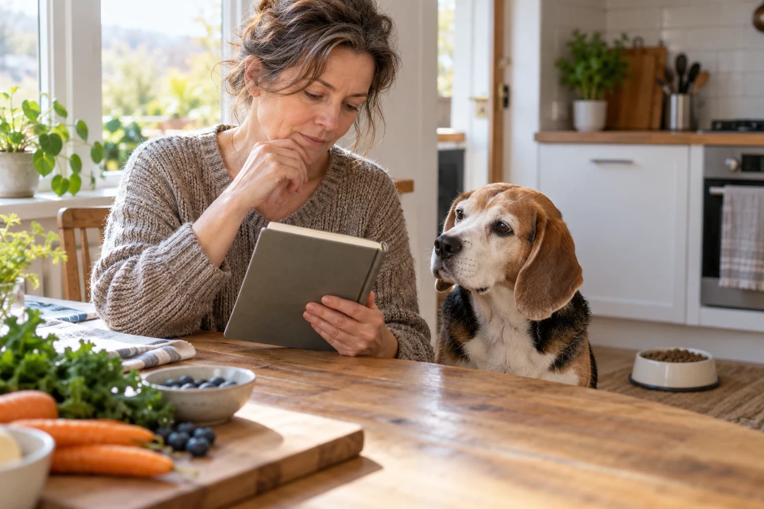 Un beagle âgé assis près de sa propriétaire dans la cuisine pendant qu’elle tient un carnet.