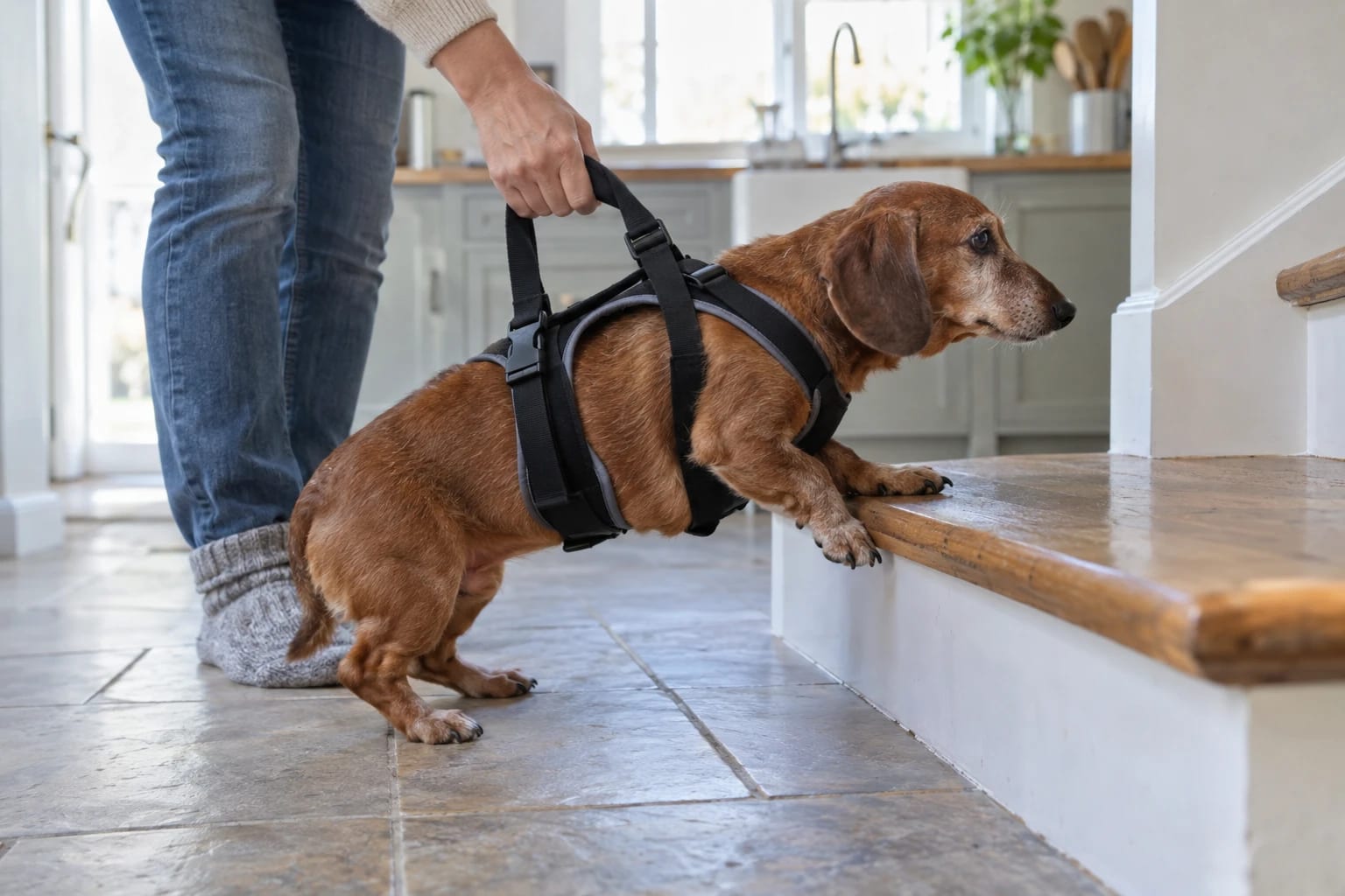 Dogevera senior dog wellness guide: Imbracatura per aiutare il cane a fare le scale