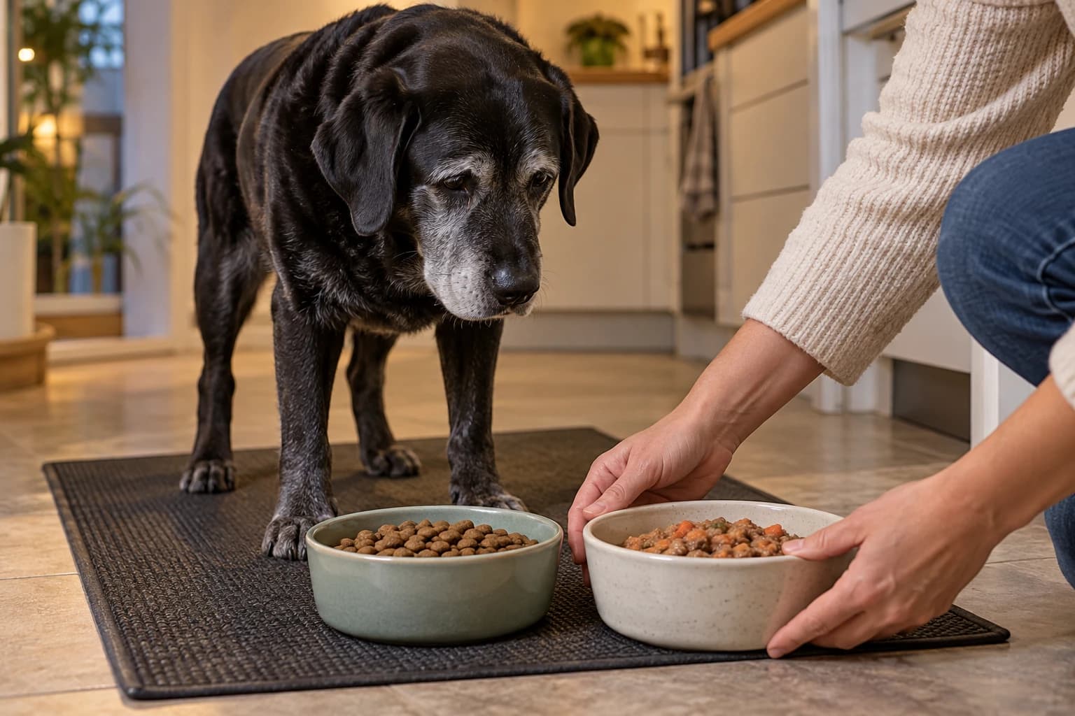 Un chien âgé regarde son maître disposer des gamelles séparées de croquettes et de pâtée.