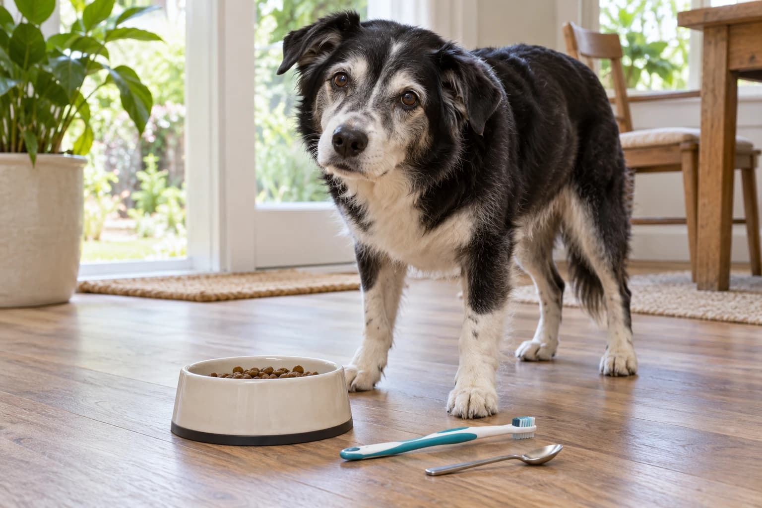An older dog stands beside a food bowl, soft toothbrush and spoon.