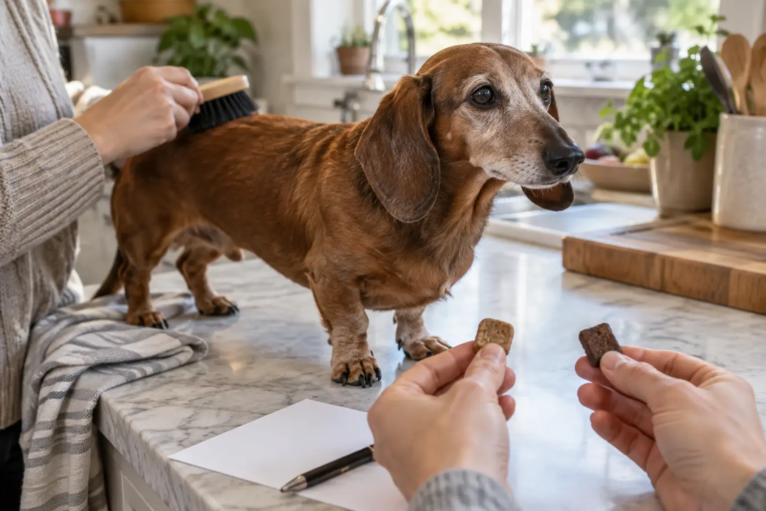 A caregiver holds separate plates of blueberries and chicken beside an older dog.