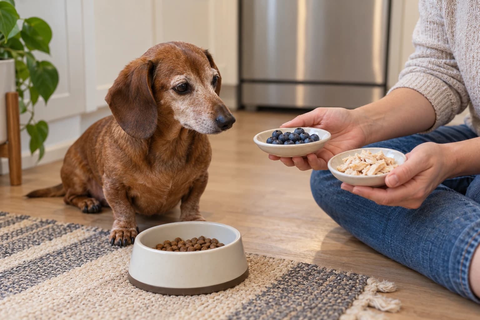 A caregiver holds separate plates of blueberries and chicken beside an older dog.