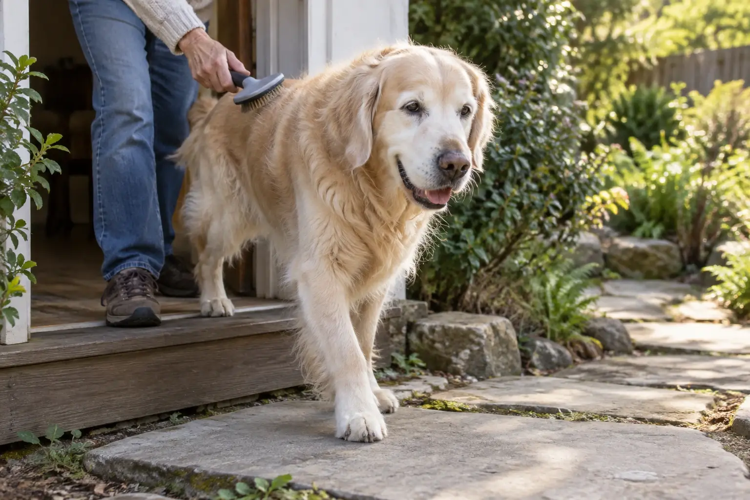 An older dog waits beside its meal and a metal measuring cup.