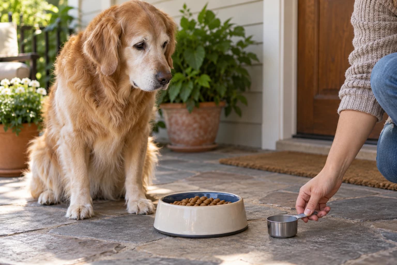 An older dog waits beside its meal and a metal measuring cup.