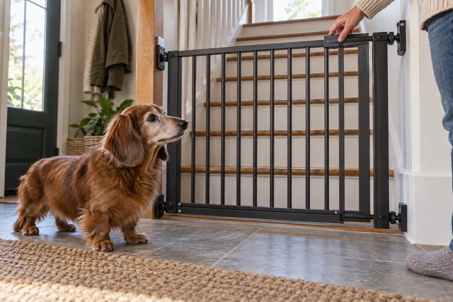 Un chien âgé attend près d'une barrière d'escalier fermée pendant que son maître vérifie le verrou.