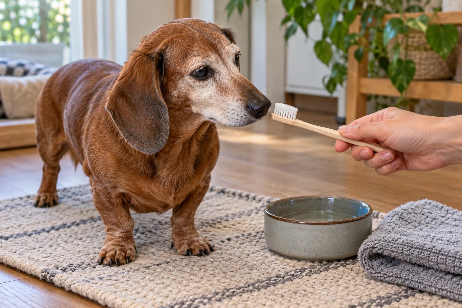 Un cane anziano annusa uno spazzolino morbido tenuto da una persona.