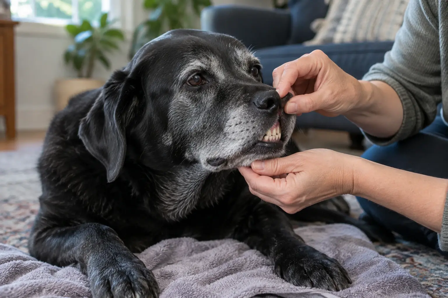 A caregiver rests a hand on an older dog's shoulder beside its meal.