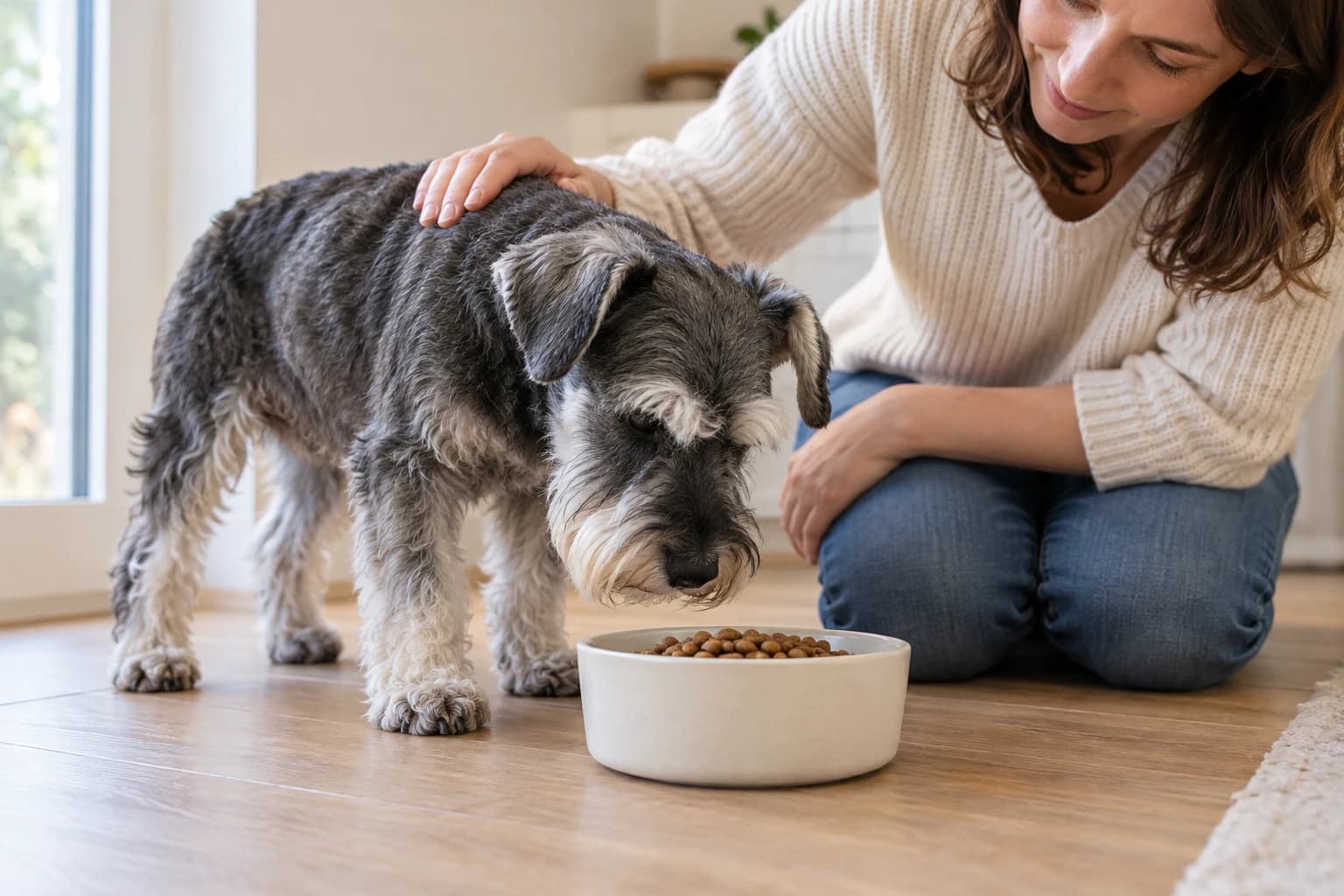 A caregiver rests a hand on an older dog's shoulder beside its meal.