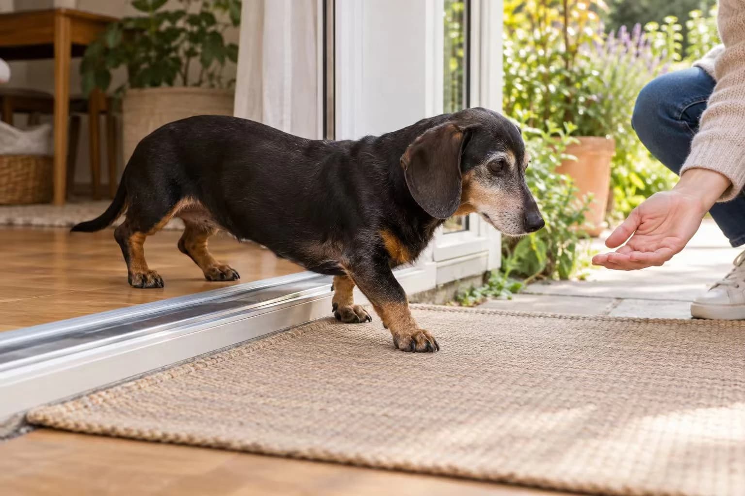 An older dachshund steps over a doorway threshold toward a caregiver's open hand.