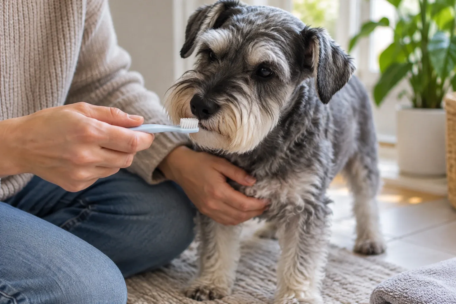 An older dog sniffs a soft toothbrush held by a caregiver.