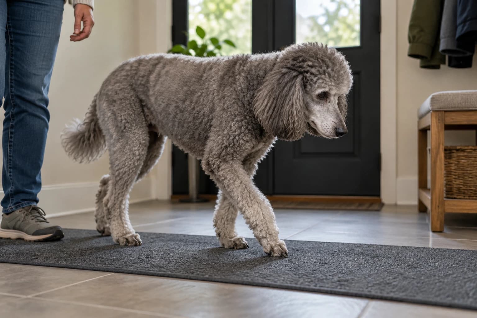 Un chien âgé marche sur un tapis antidérapant près de son maître.