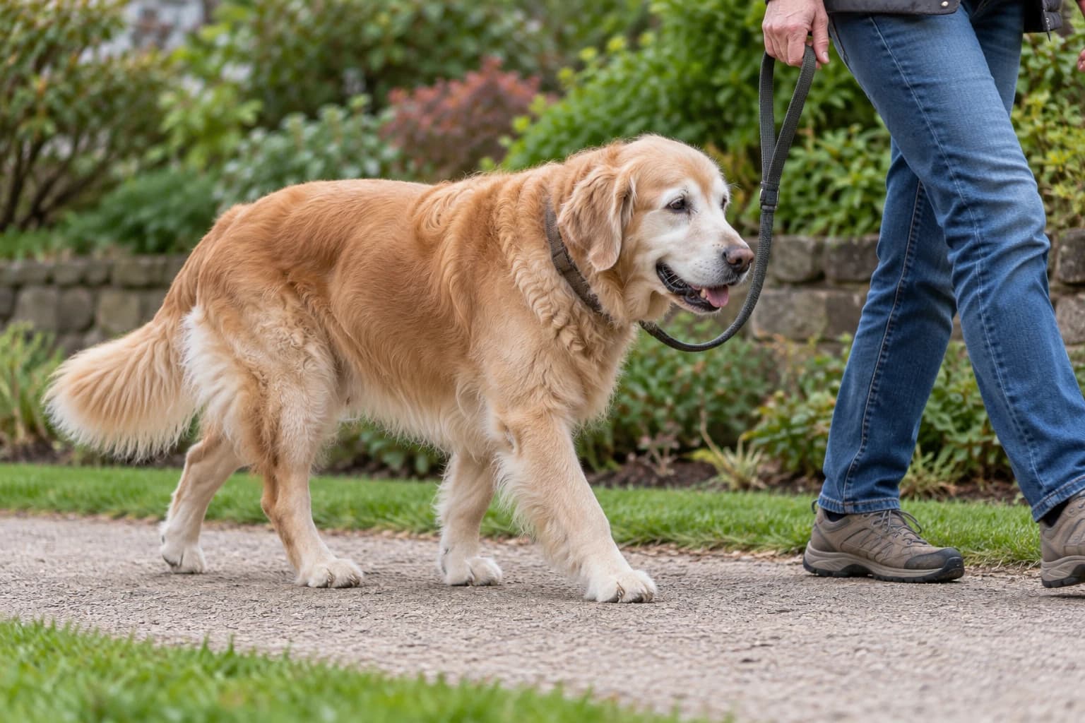 Un chien âgé marche près de son maître sur une allée plane du jardin.