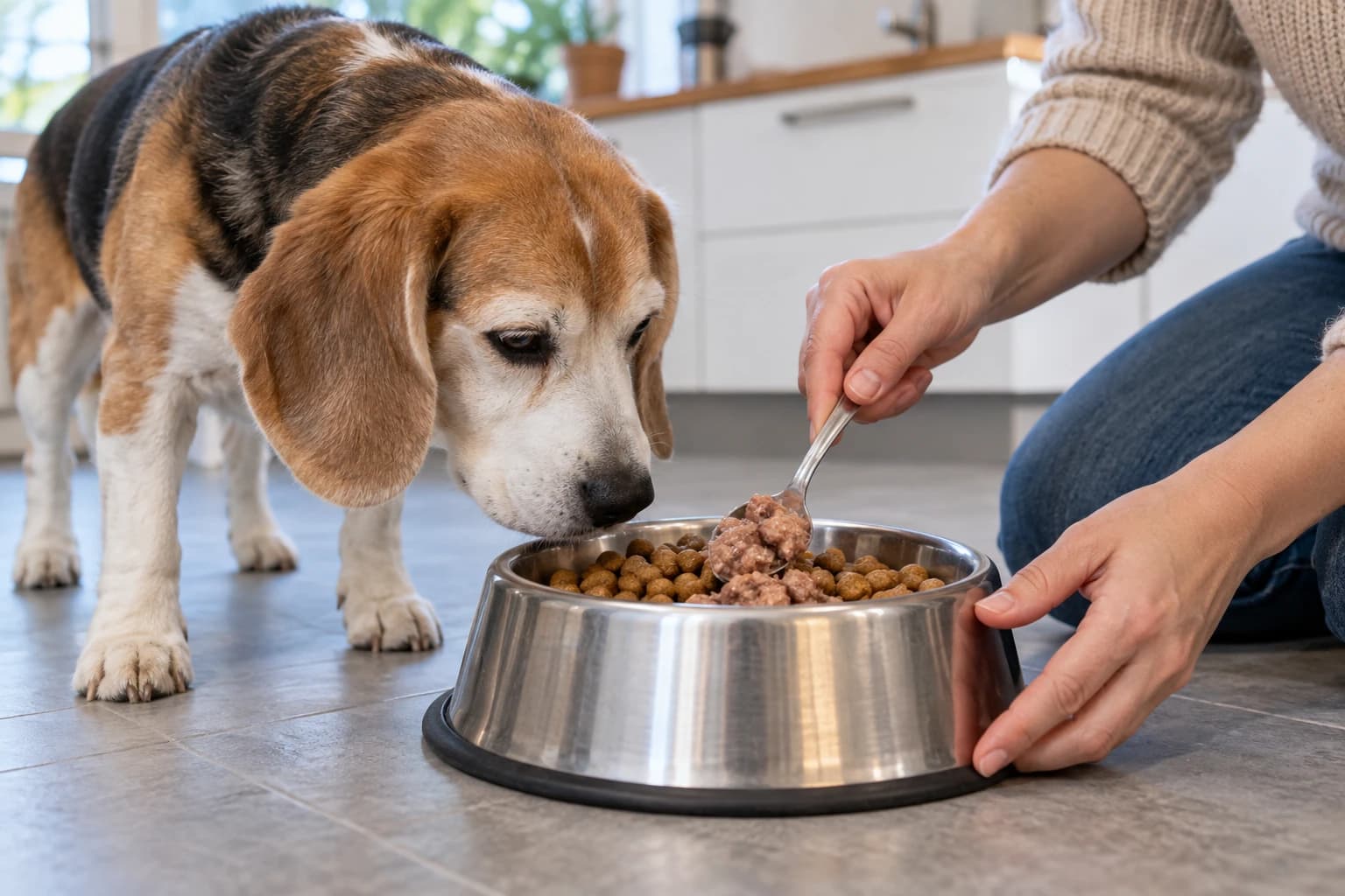 Un chien âgé regarde une personne mélanger son repas dans la gamelle avec une cuillère.
