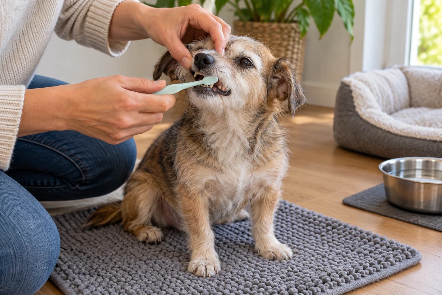 Un cuidador cepilla suavemente la parte exterior de los dientes de un perro mayor.