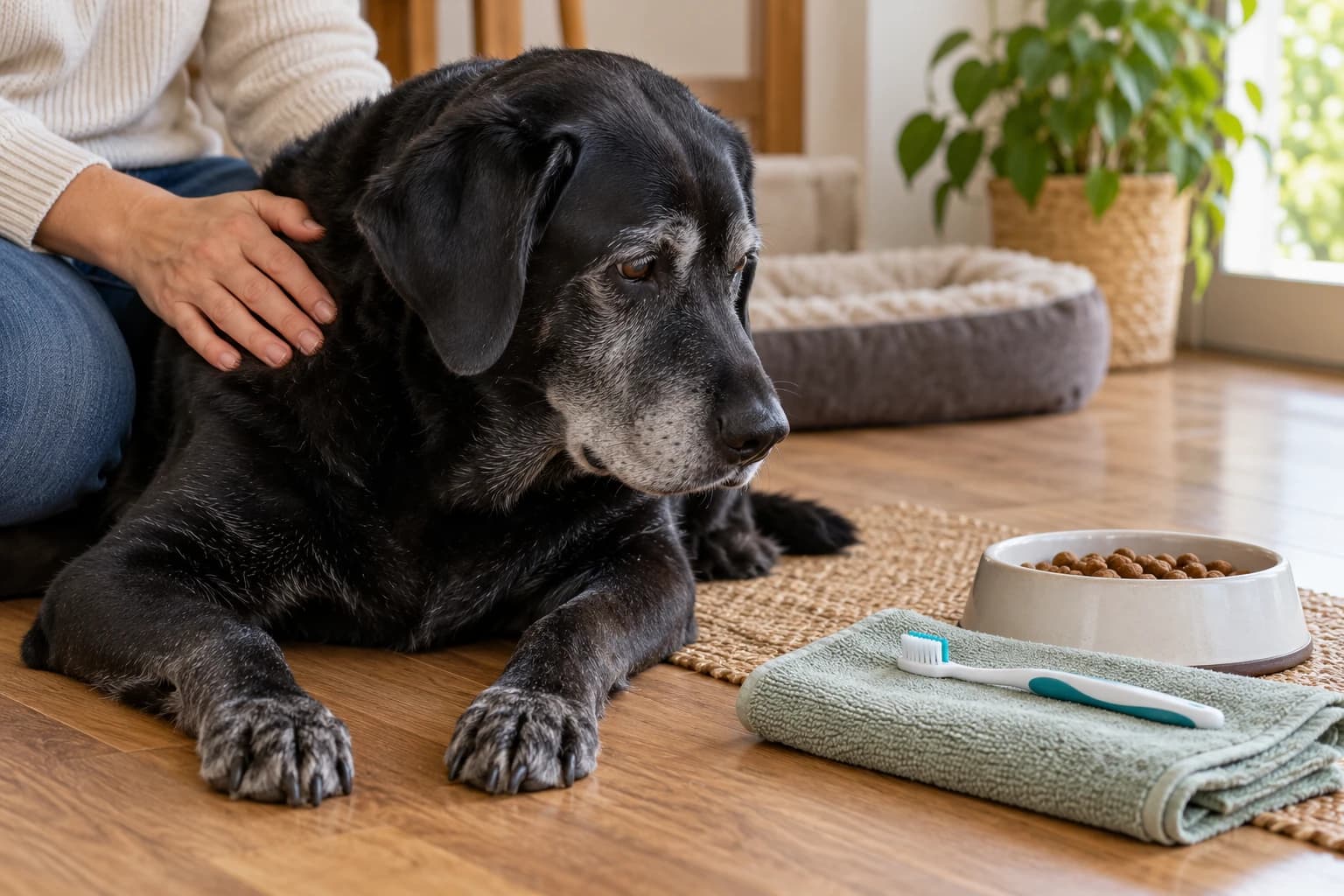An older dog rests beside a food bowl, toothbrush and folded towel.
