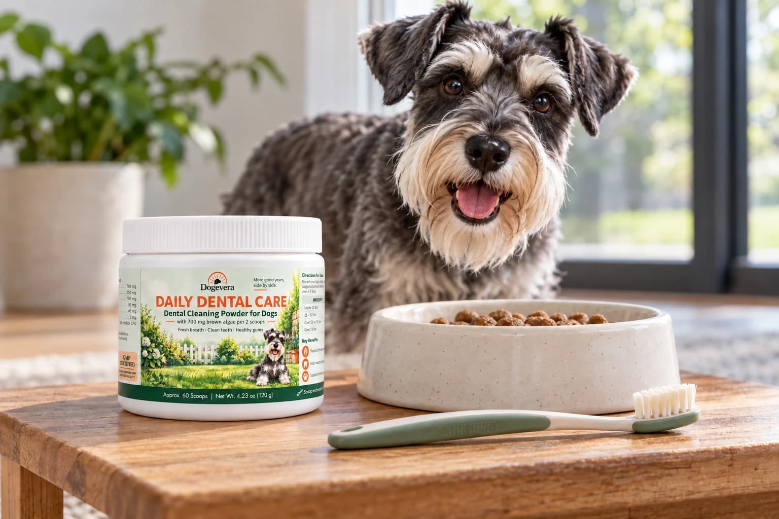 Dogevera dental cleaning powder jar and soft toothbrush beside a dog's meal.