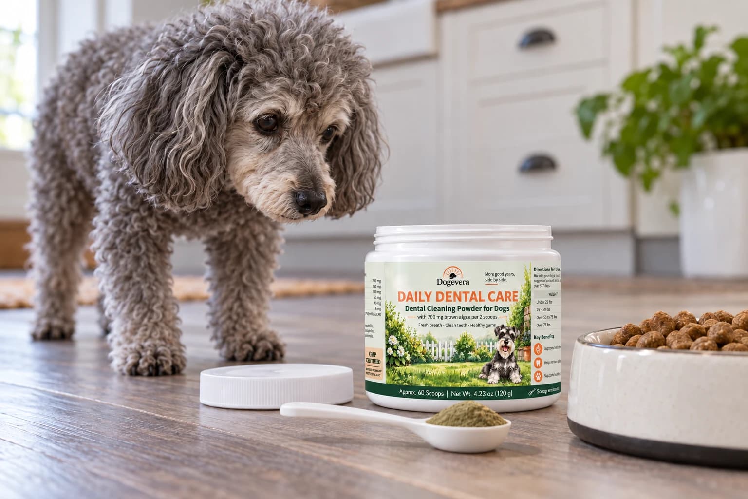 Dogevera dental cleaning powder jar and scoop beside a dog's meal.