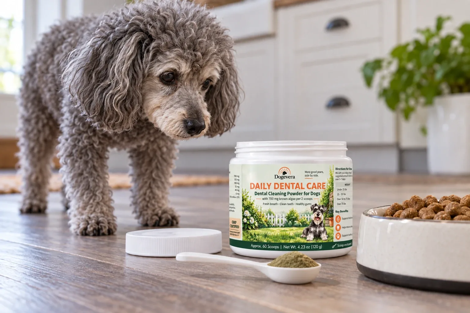 Dogevera dental cleaning powder jar and scoop beside a dog's meal.