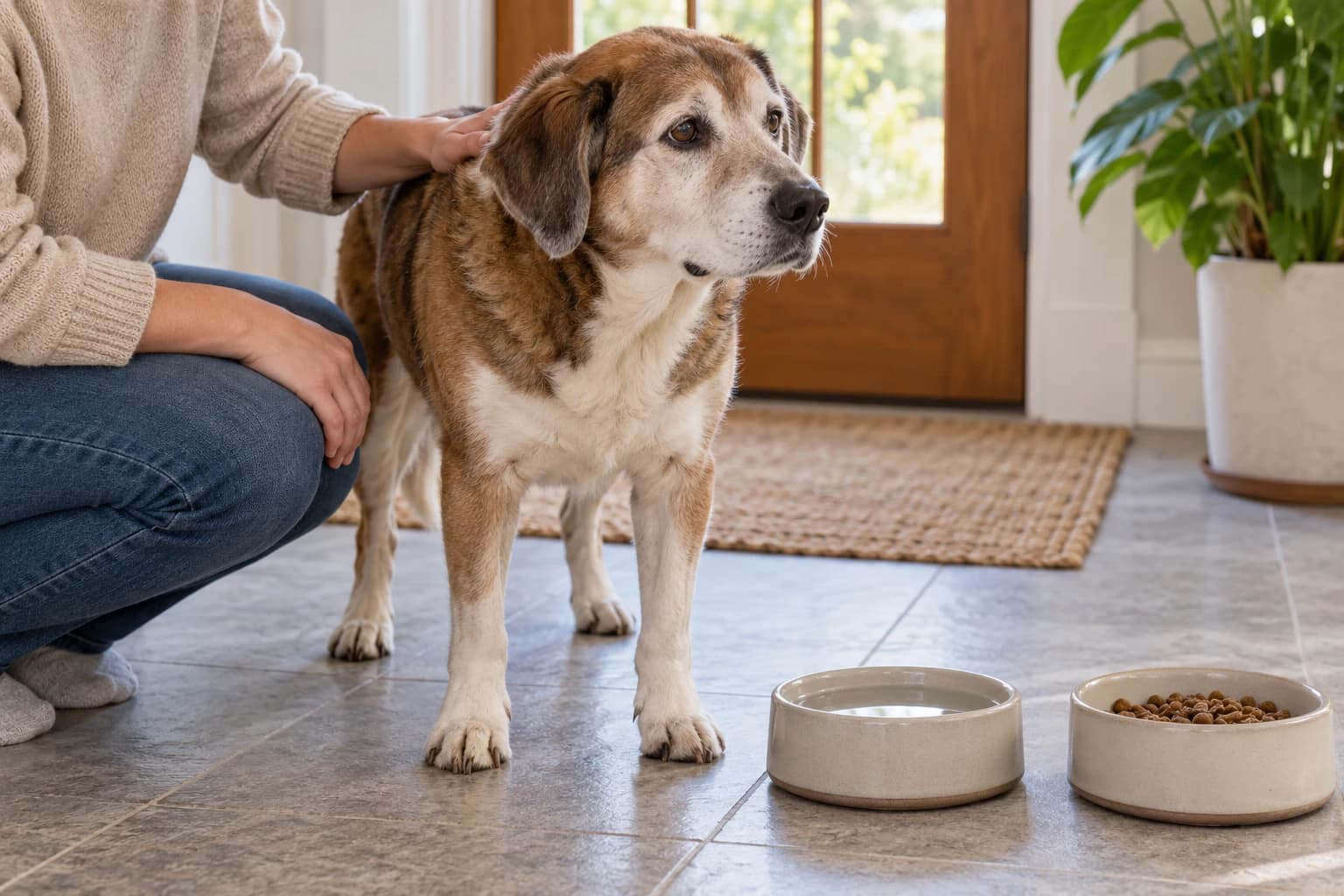 A caregiver rests a hand on an older dog's shoulder beside its meal.